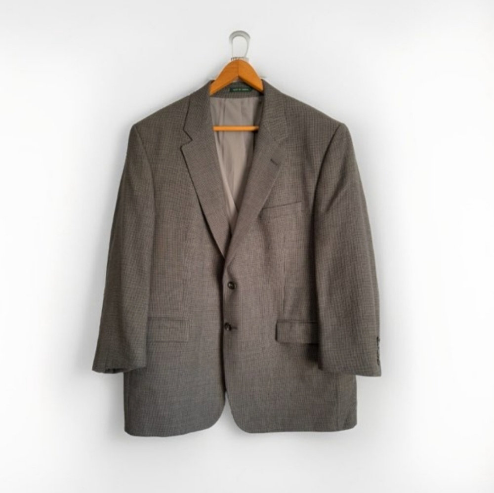 Lauren Ralph Lauren Mens Houndstooth Wool Blazer Size 46R Brown Single Breasted